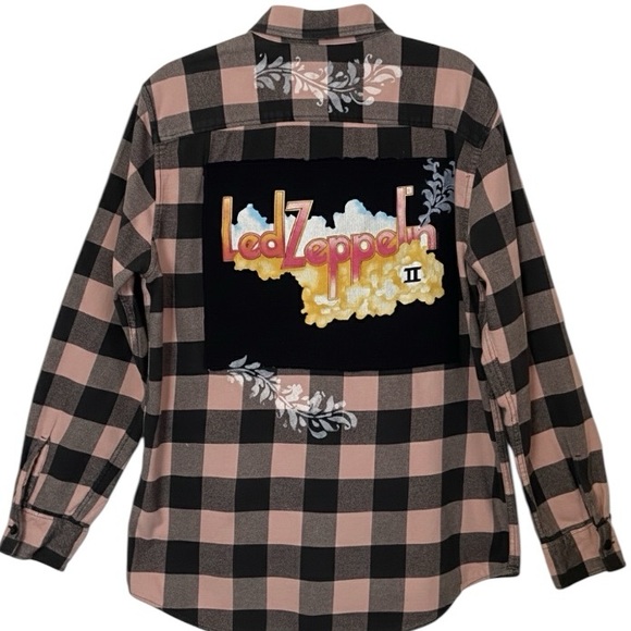 American Eagle Upcycled Flannel Led Zeppelin Patch Shirt Denim Pocket Large - Picture 3 of 13